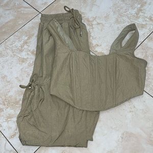 Two piece set greenish/tan cropped shirt with joggers